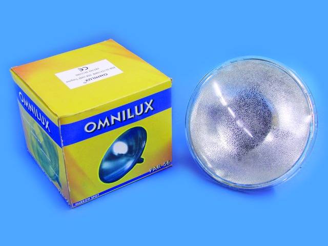 An Omnilux light bulb lies next to its yellow packaging on a blue background. The packaging displays an image of the light bulb.