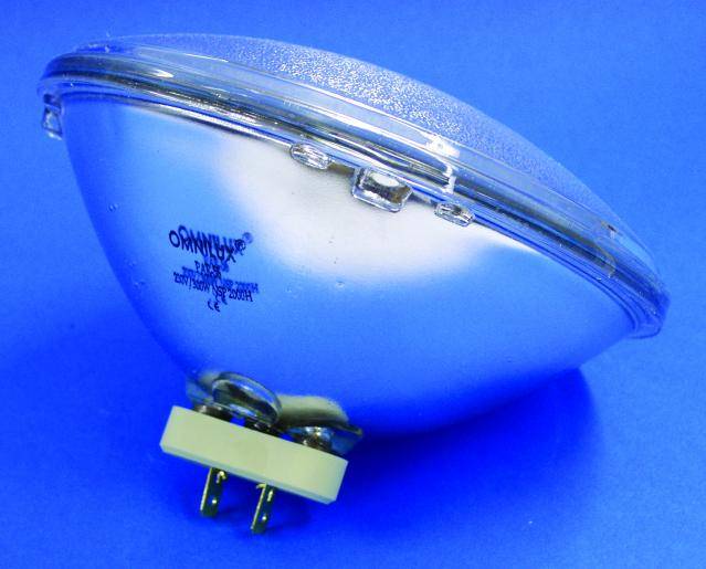 A silver Par38 halogen light bulb with two pins on a blue background. The light bulb has the inscription 'OMNILUX'.