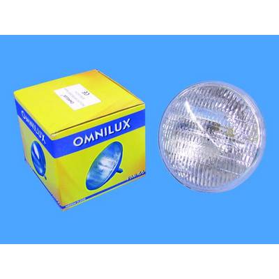 'Omnilux brand light bulb next to a yellow packaging with brand logo and an illustration of the lamp. The background is blue.'
