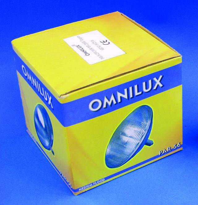 A yellow packaging with the inscription 'OMNILUX' and an image of a light bulb. The packaging is set against a blue background.