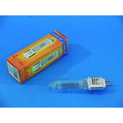 A halogen lamp next to an orange packaging with the inscription 'OMNILUX'. The lamp is transparent and has two pins.