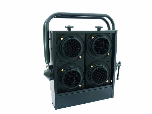 A black, square LED light device with four round lenses. It features a carry handle on top for transport or mounting.