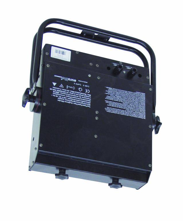 Black lighting device with black handle, various connections and safety instructions on the back, against a white background.