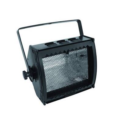 A black stage spotlight with a pivoting handle and mesh cover, suitable for professional lighting in theatres or events.