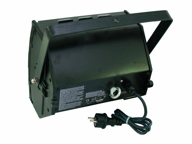 Black headlamp with mounting bracket. A power cable with plug is visible. Device type and connection details are on the reverse side.