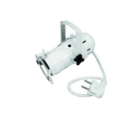 A white spotlight with power cable and plug is lying on a flat surface.