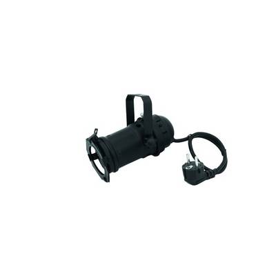 Black, cylindrical stage spotlight with mounting bracket, cable, and plug, used for event lighting.