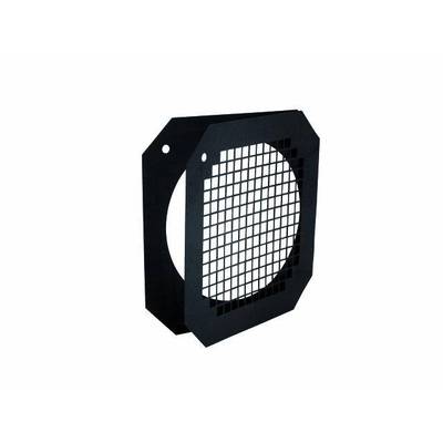 Black, square ventilation grille with a circular, perforated structure and two mounting holes, viewed from the side.