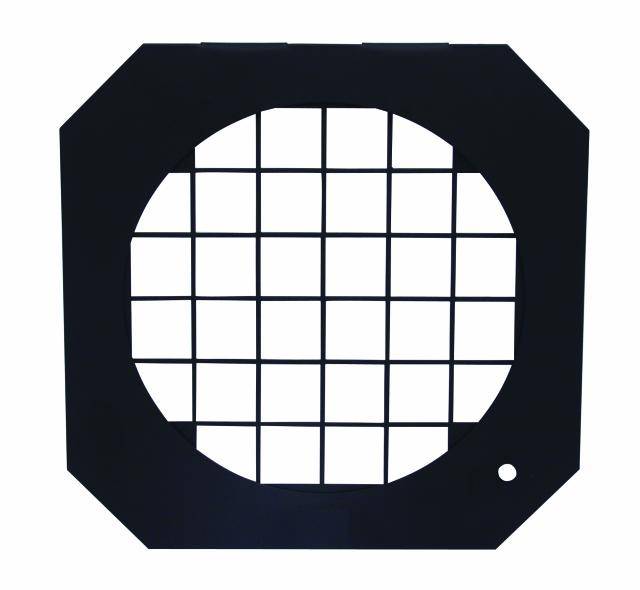 A black, square object with a round grille in the centre and a small hole in the bottom right.