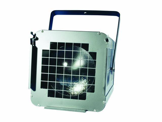 A square spotlight with a grid cover and carrying handle, projecting light forward.