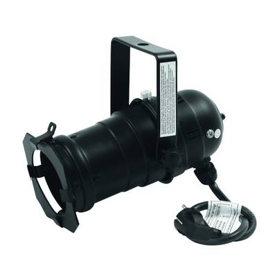 A black stage spotlight with power cable and mounting system for professional lighting in theatre or concert environments.