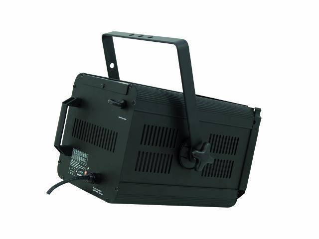 Black stage LED spotlight with carrying handle, cable connection, and ventilation slots, side view, used in events.