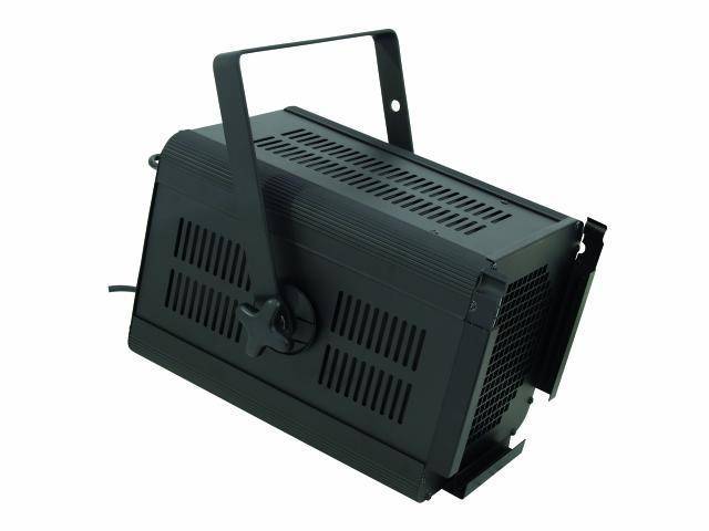 A black stage spotlight with a carry handle, suitable for lighting purposes at events or theatre performances.
