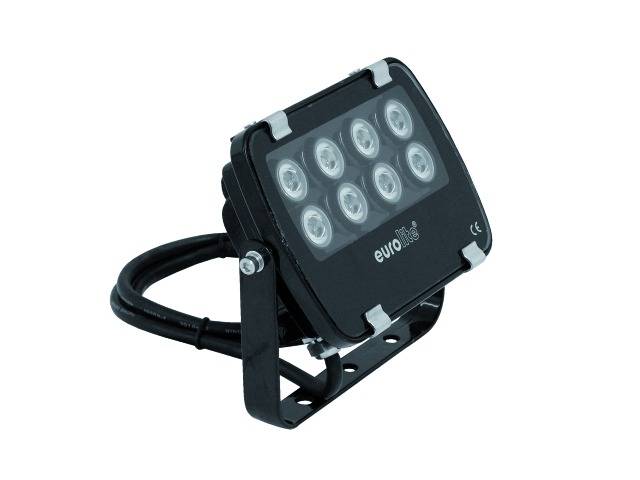 A black LED spotlight with nine round lenses, mounted on an adjustable stand, against a white background.