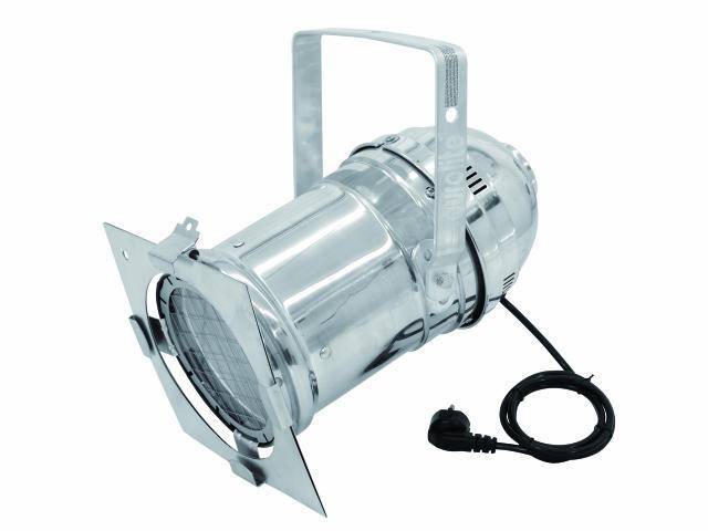 A silver stage spotlight with power cable and mounting bracket, designed for attachment to trusses or ceilings, ideal for stage lighting.