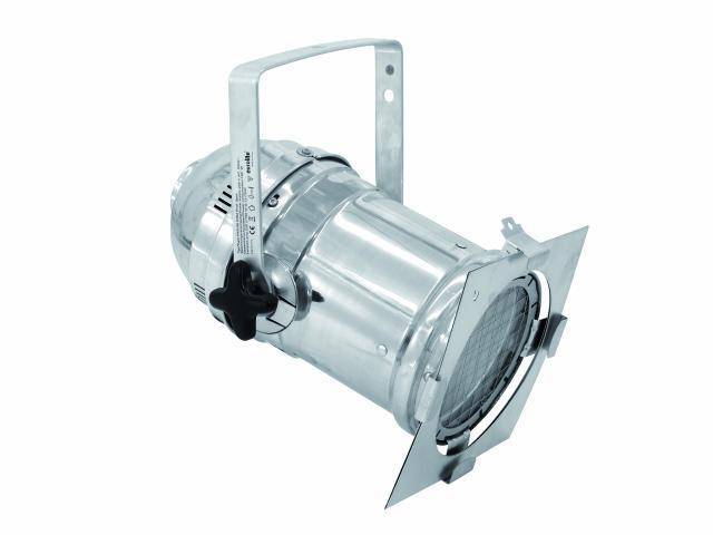 A silver stage spotlight, Par 64 type, with a mounting handle, suitable for stage lighting or events.