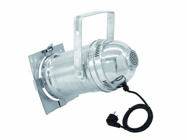A silver stage spotlight with an adjustable bracket and power cable, ready for installation on a ceiling or wall.