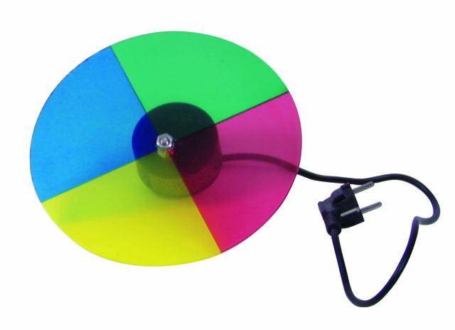 A rotatable, colourful colour wheel with four segments (blue, green, yellow, red) on a black power cable with a plug.