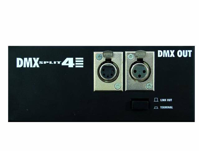 DMX splitter device with two XLR outputs and labels 'DMX SPLIT 4E', 'DMX OUT'. Switch with options 'LINK OUT' and 'TERMINAL'.