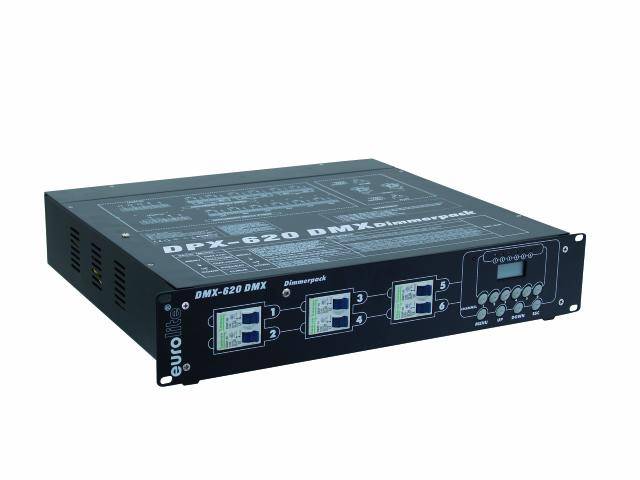 A black DMX dimmer pack with the inscription 'DMX-620 DMX', showing a control panel with connections and indicator lights.