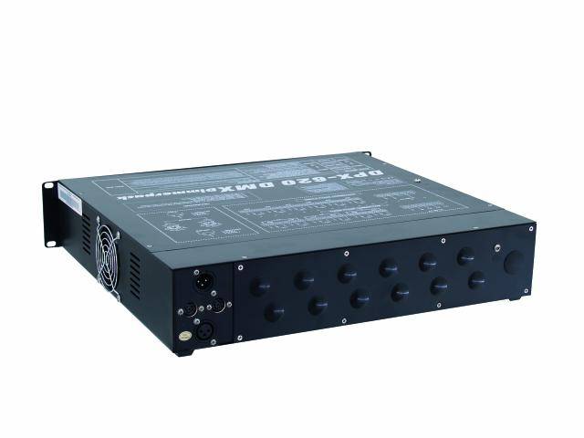 A black DMX lighting controller with multiple faders and connections, suitable for stage use.