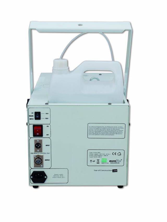 Portable white fog machine with handle. Several connections and switches are located on the side. A filled container sits on top.