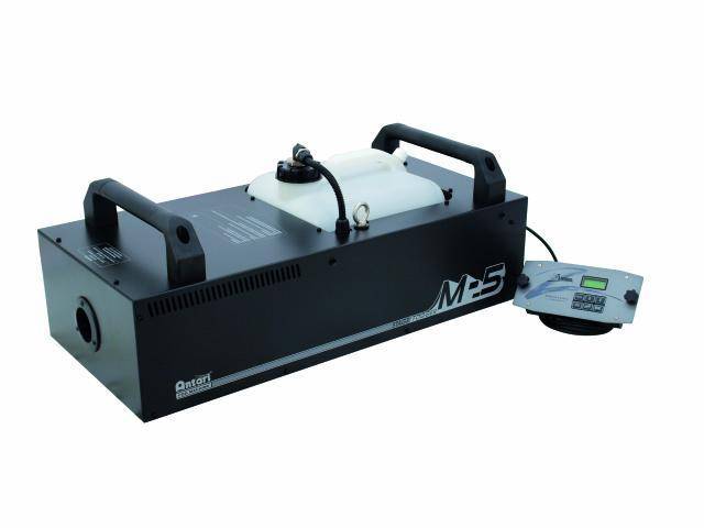 A black fog machine model with the inscription 'MP5', equipped with a tank-like component and a connected control unit.
