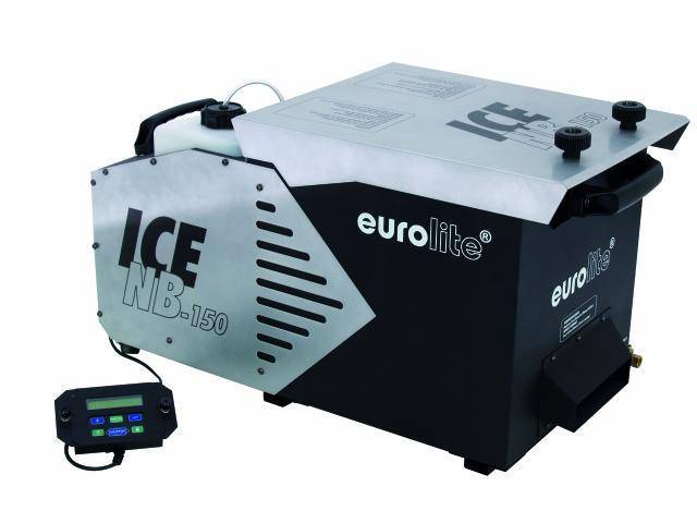 Eurolite Fog Machine with label 'ICE NB-150', black and silver, with removable controller.