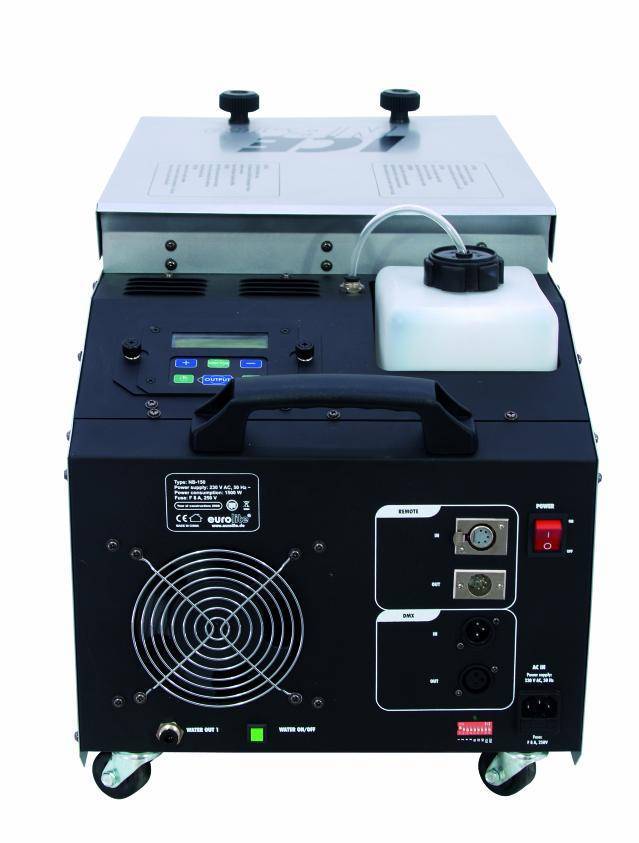 A fog machine with a black casing, display and controls on top, liquid container connection and wheels at the bottom.