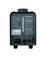 The back of an electronic device with multiple warning labels, certification symbols, and a power on/off switch.