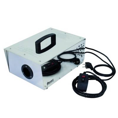 Metallic fog machine with black handle, cable, and power plug. Square-shaped, suitable for party or stage effects.