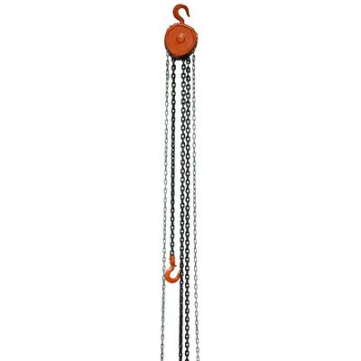 A pulley system with multiple chain strands and two hooks, one at the top and one at the bottom, is used to assist with lifting.