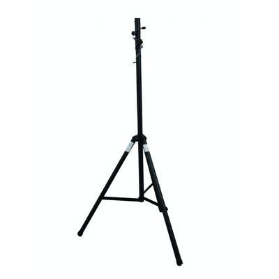 A black tripod stand, standing upright, with no device mounted on it. Suitable for attaching lighting or audio equipment.