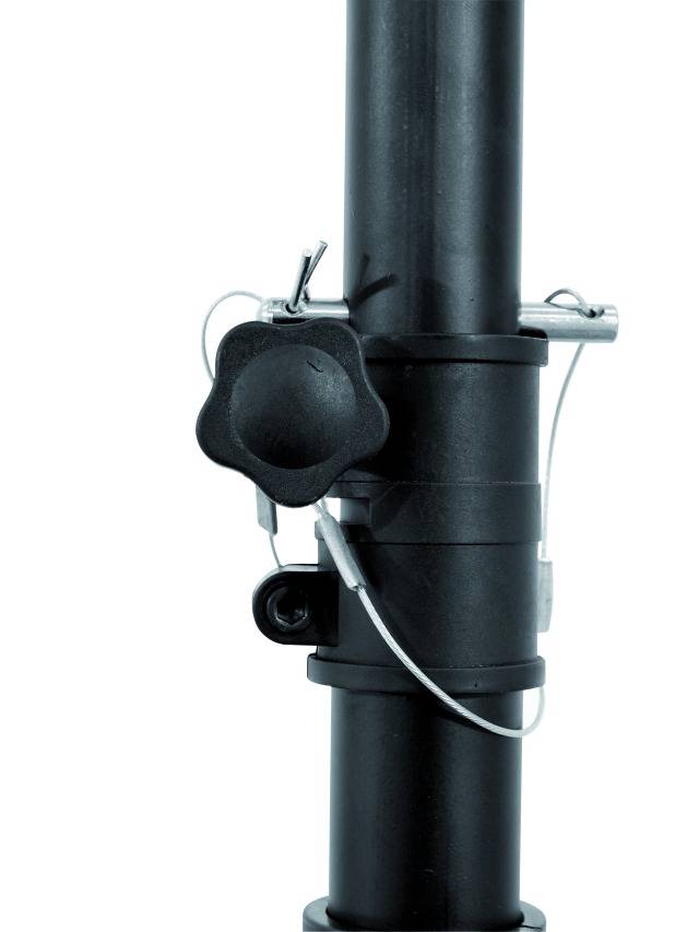 Black metal pipe with clamping screw and safety pin, part of a mechanical system.