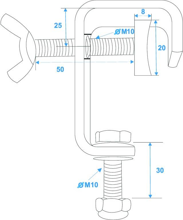 'Technical drawing of a G-clamp with dimensions: Length 50 mm, Thread M10, Opening 20 mm, Chip Height 30 mm.'