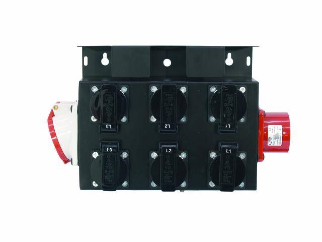 Electrical distribution board with six black sockets and a red connection on the side, for electricity distribution.