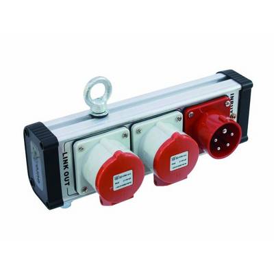 Multi-socket extension with three industrial couplings and an industrial plug, robust housing with metal ring at the top for hanging.