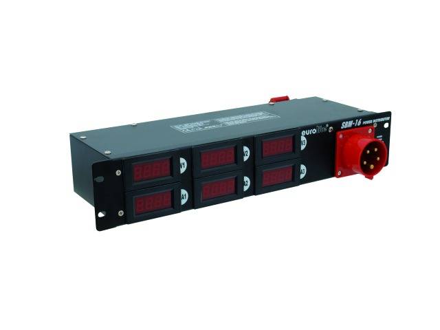 'Power distribution unit with six digital displays and red industrial connector, suitable for professional audio and video applications.'