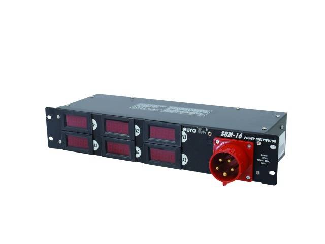 'SBM-16 Power Distribution Unit' with six digital displays, a red high-current socket on the right side and black casing.