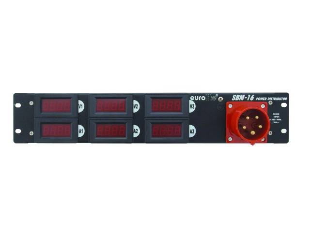 Black electrical distribution board 'SBM-16' with red digital displays and red connector on the right, against a white background.