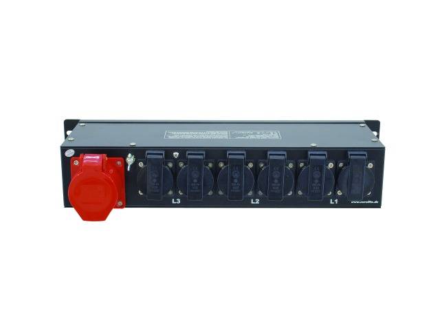 A black electric distribution block with multiple blue Schuko sockets and one red industrial socket.