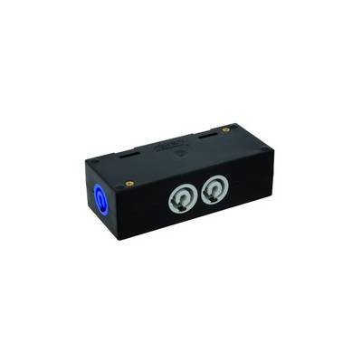 Black rectangular housing with two white circular connections and a blue connection on the left side.