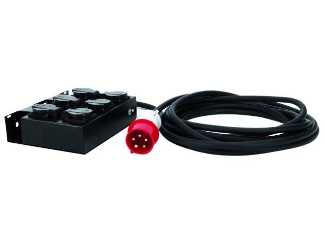 A black power strip with six sockets, connected to a long cable and a red plug. Suitable for electricity distribution.