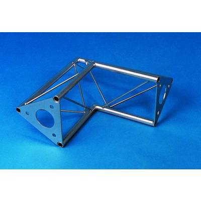 Metal construction of triangles and rectangles, crafted from silver tubes, suspended against a blue background.
