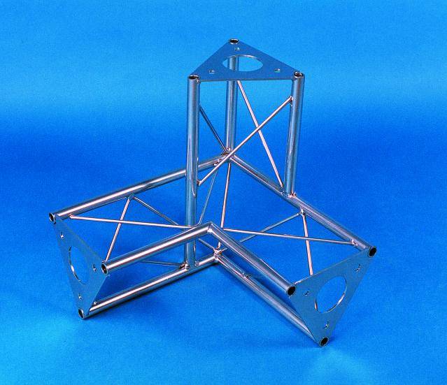 Triple lattice structural model made of metal tubes, standing on a blue background, demonstrates stability and geometric design.