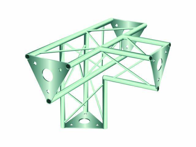 Green tubular framework in a T-shape with triangular bracing and circular openings, suspended against a white background.