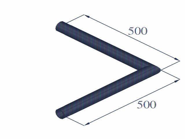A V-shaped line with equal limb lengths of 500 units, forming a 90-degree angle.