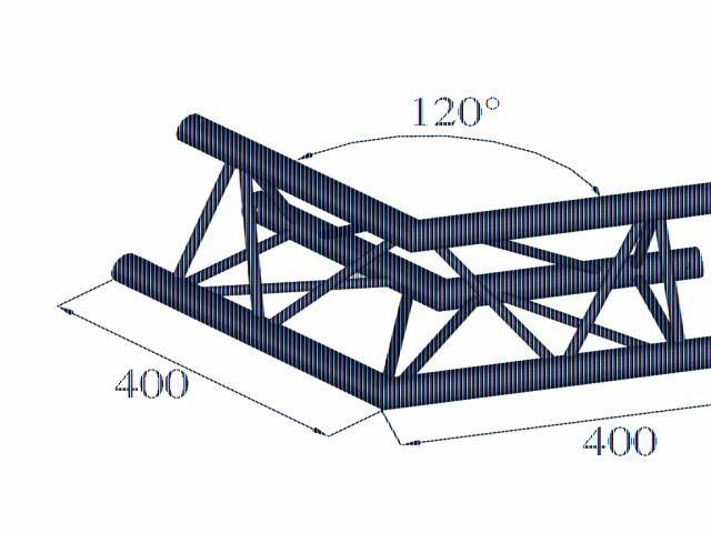 Blue triangular steel beam with a 120-degree bend, each side measuring 400 mm in length.