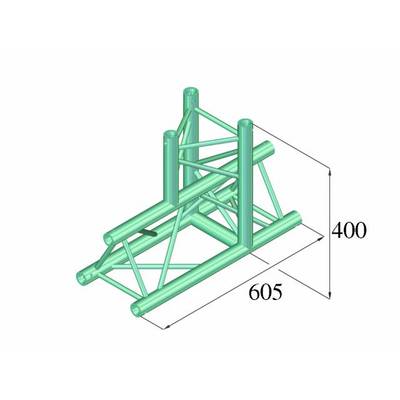 3D model of a turquoise steel frame with dimensions of 605 mm length and 400 mm height, comprising multiple tubes and struts.