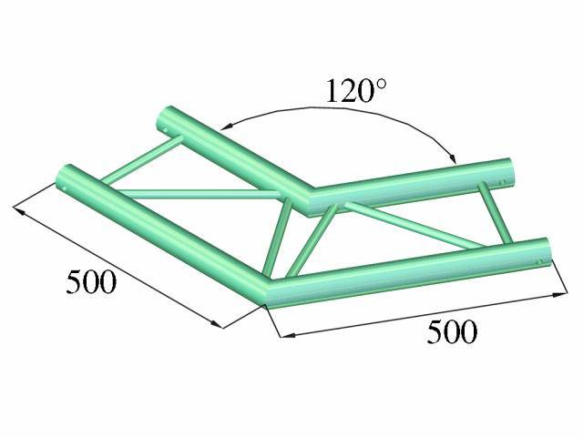 '3D representation of a metal construction. Two V-shaped beams connected, angle 120 degrees. Distances of 500 mm between the endpoints.'